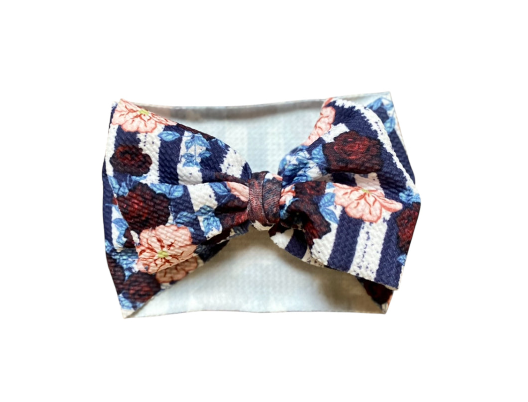 Navy Floral Striped  Bow