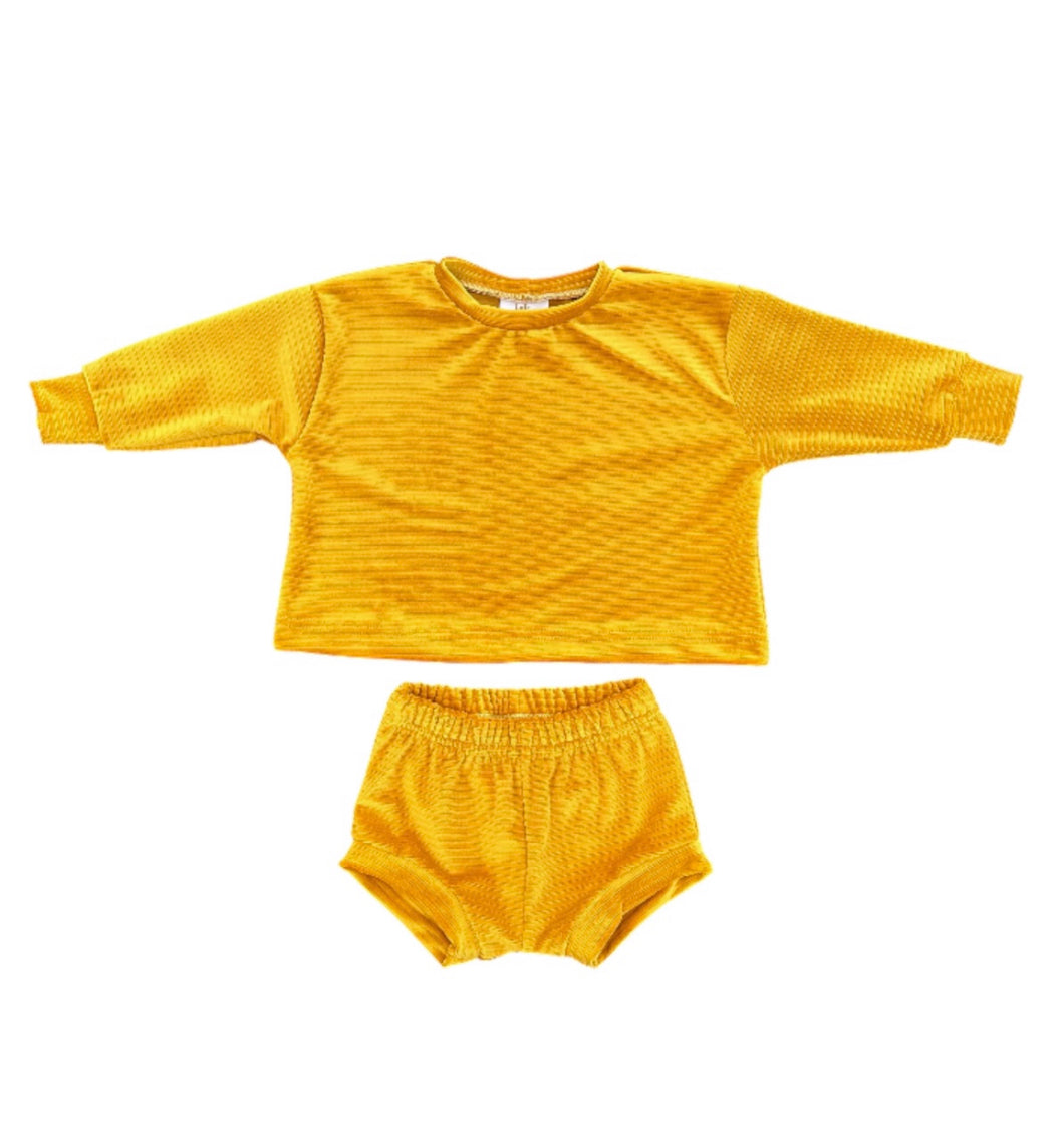 Mustard Velvet Rib Lounge Set with Shorties