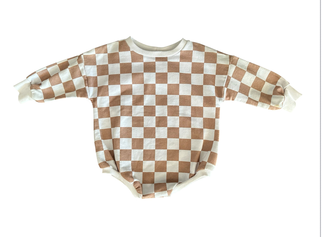 Tan Checkered Oversized Sweater Romper