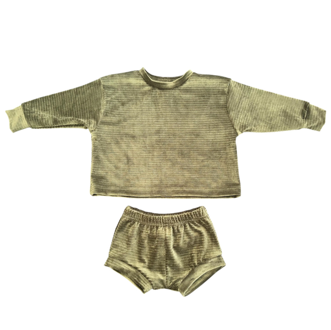 Olive Velvet Rib Lounge Set with Shorties