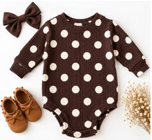 Load image into Gallery viewer, Chocolate Polka Dot Long Sleeve Oversized Sweater Romper
